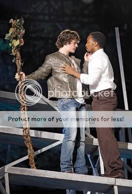 Jonathan Groff as bad boy Dionysus with Anthony Mackie, a young, arrogant Pentheus in The Public Theater production of The Bacchae, by Euripides. Photo by Joan Marcus