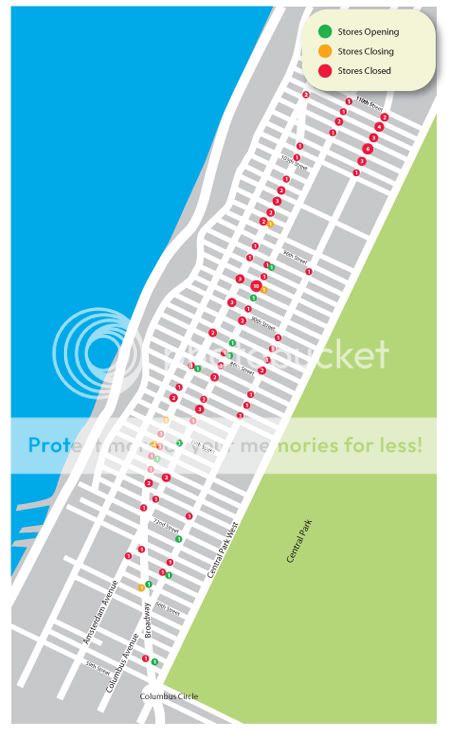 map This map reflects a count of stores on Broadway, Amsterdam and Columbus avenues from 59th to 110th streets on Friday, Feb. 20. Additional stores may have opened or closed in the intervening weeks.